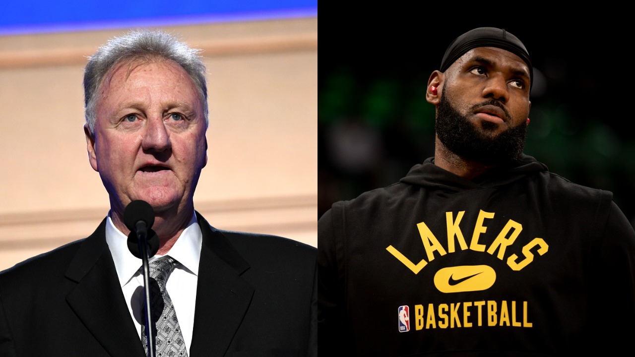An image of former Celtics forward Larry Bird speaking onstage at the 2019 NBA Awards next to an image of Lakers forward LeBron James wearing his warm-ups before a game