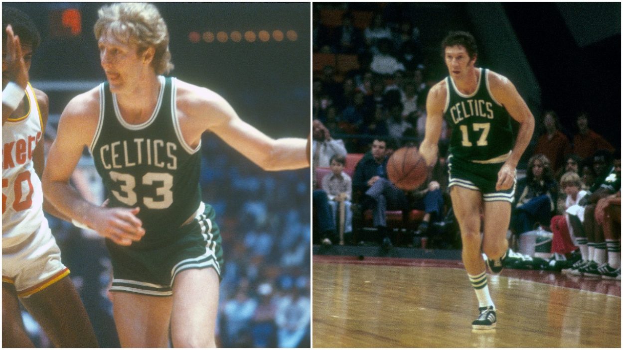 Left to Right: Boston Celtics legend Larry Bird dribbles the ball during the 1981 NBA Playoffs and John Havlicek looks up the floor during a game circa 1973