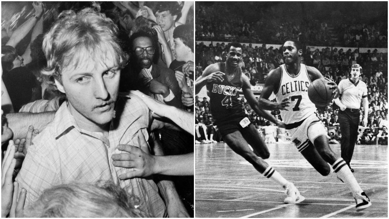 L-R: Boston Celtics legend Larry Bird surrounded by fans and former Celtics point guard Nate "Tiny" Archibald drives during an NBA game in 1981