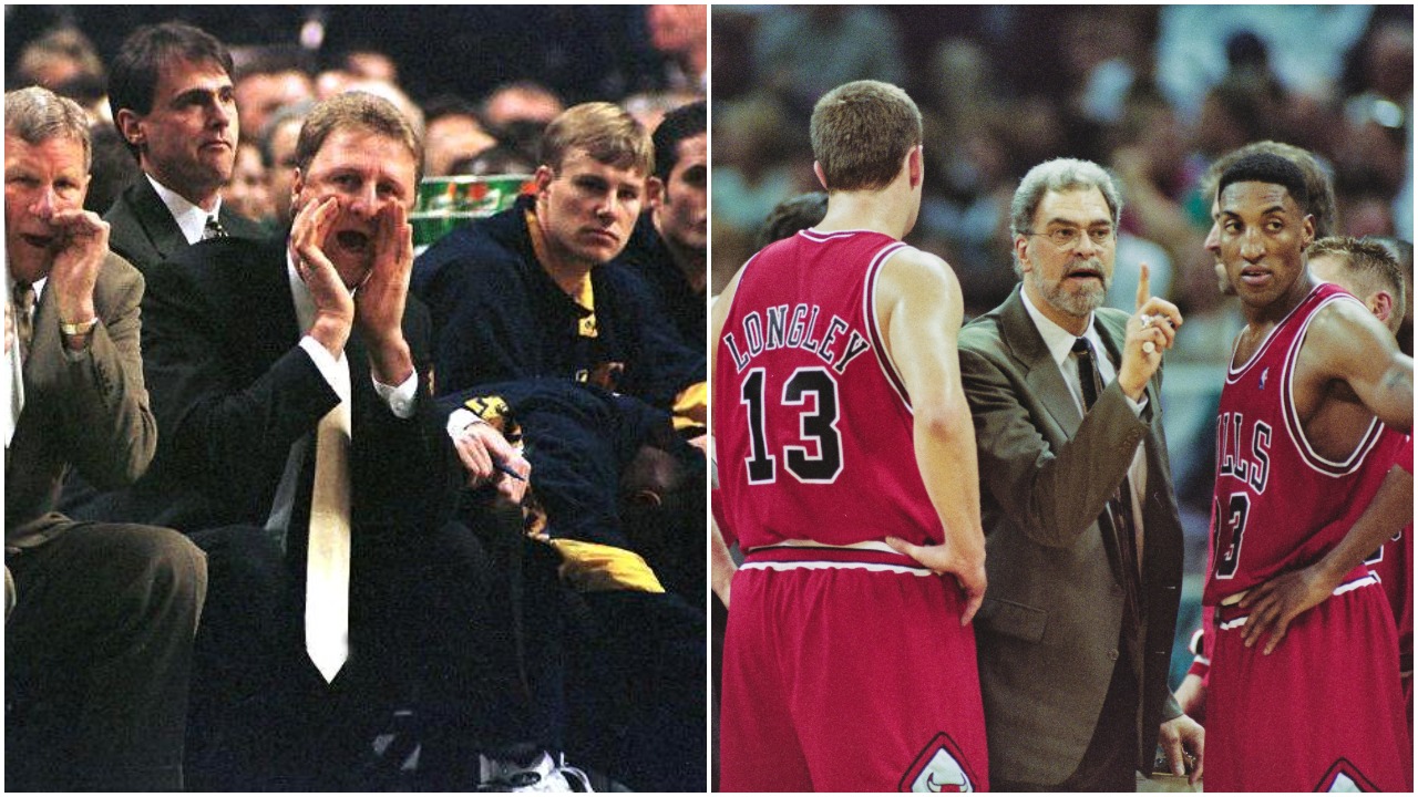 L-R: Former Indiana Pacers head coach Larry Bird barks out instructions during a game in January 1998 and former Chicago Bulls head coach Phil Jackson yells to the officials during the 1998 NBA Playoffs