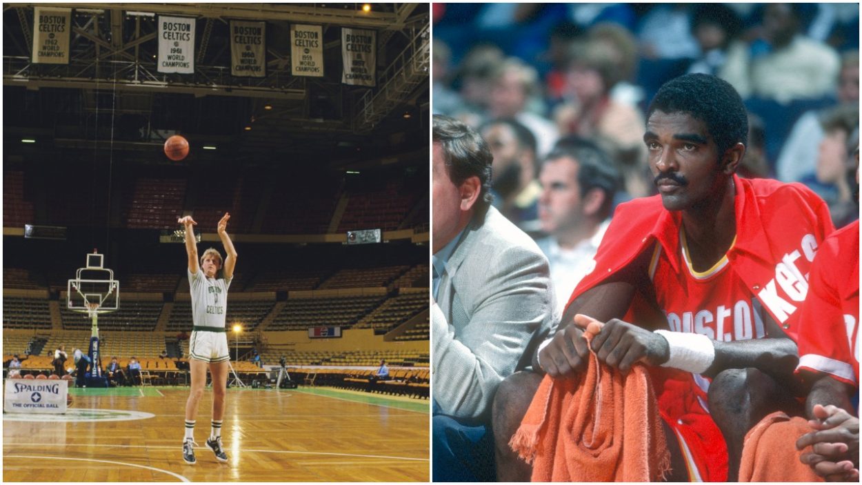 L-R: Boston Celtics legend Larry Bird warms up ahead of a game in January 1986 and former Houston Rockets center Ralph Sampson sits next to former Rockets head coach Bill Fitch