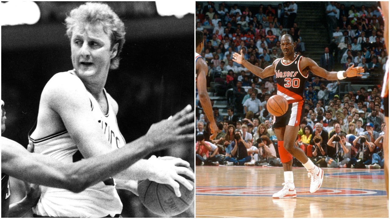 L-R: Boston Celtics legend Larry Bird looks to pass during the 1985 NBA Playoffs and former Portland Trail Blazers point guard Terry Porter calls a play during the 1990 NBA Finals