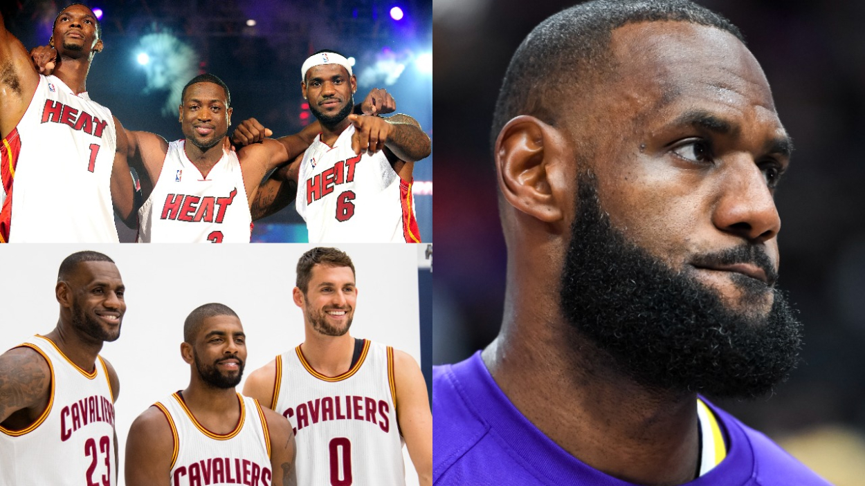 LeBron James' Miami Heat Big Three, his Cavs Big Three, and James in his Lakers gear.