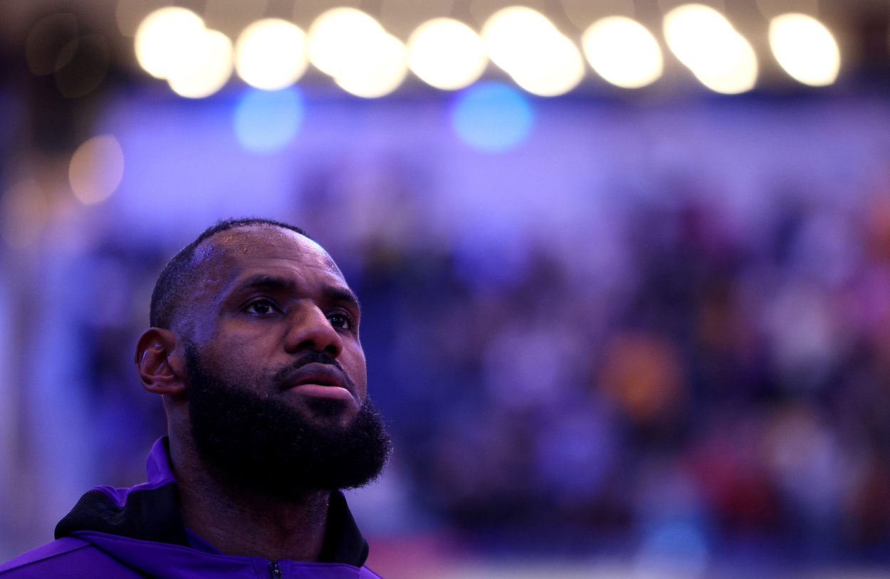 LeBron James of the Los Angeles Lakers before a game against the Indiana Pacers in 2021.