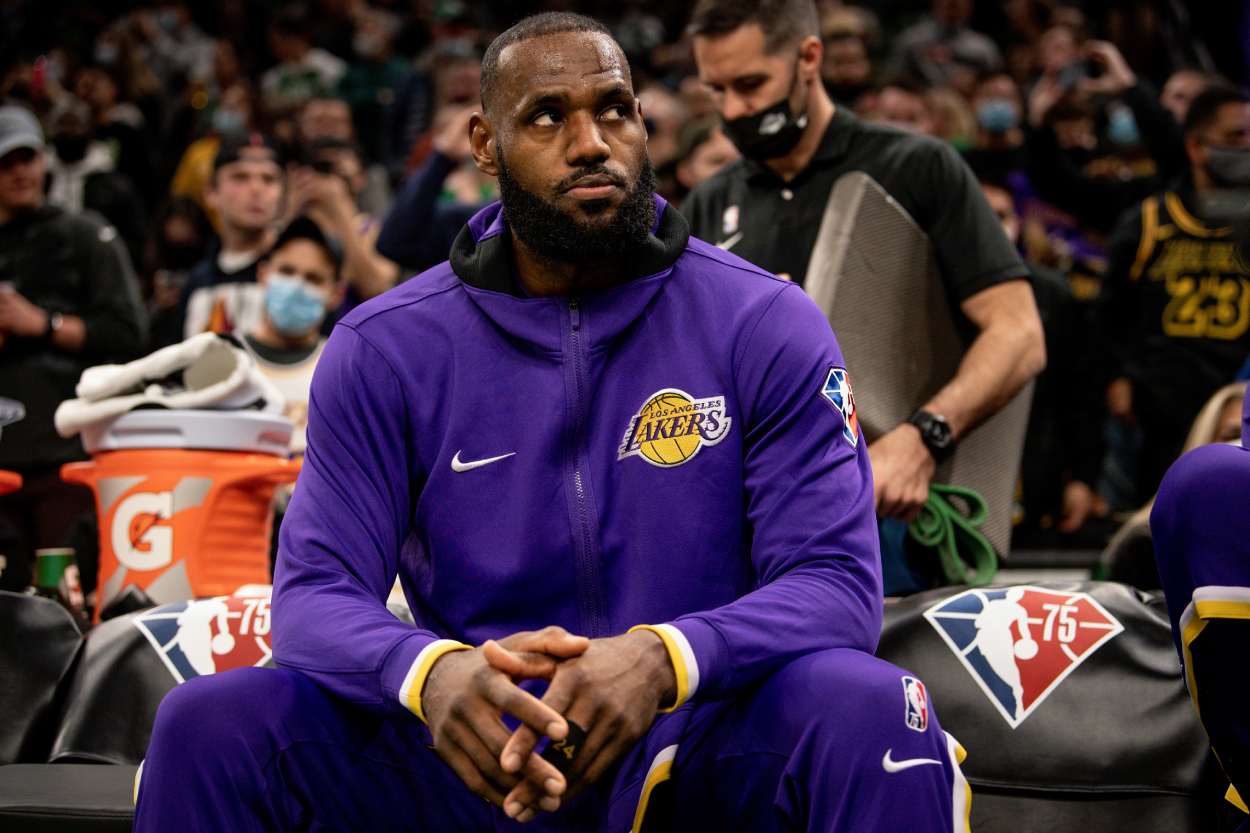 Los Angeles Lakers superstar LeBron James before a game against the Boston Celtics.