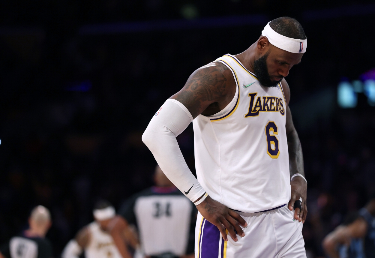 LeBron James of the Los Angeles Lakers looks on disappointing during a game against the Memphis Grizzlies.