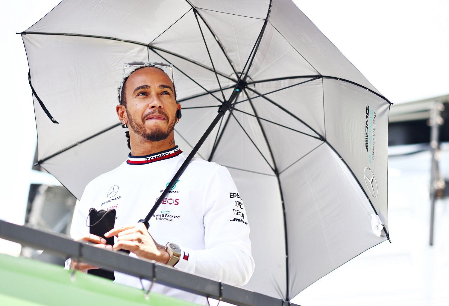 Lewis Hamilton of Great Britain and Mercedes GP looks on in the paddock prior to the F1 Grand Prix of Brazil at Autodromo Jose Carlos Pace on Nov. 14, 2021, in Sao Paulo, Brazil.