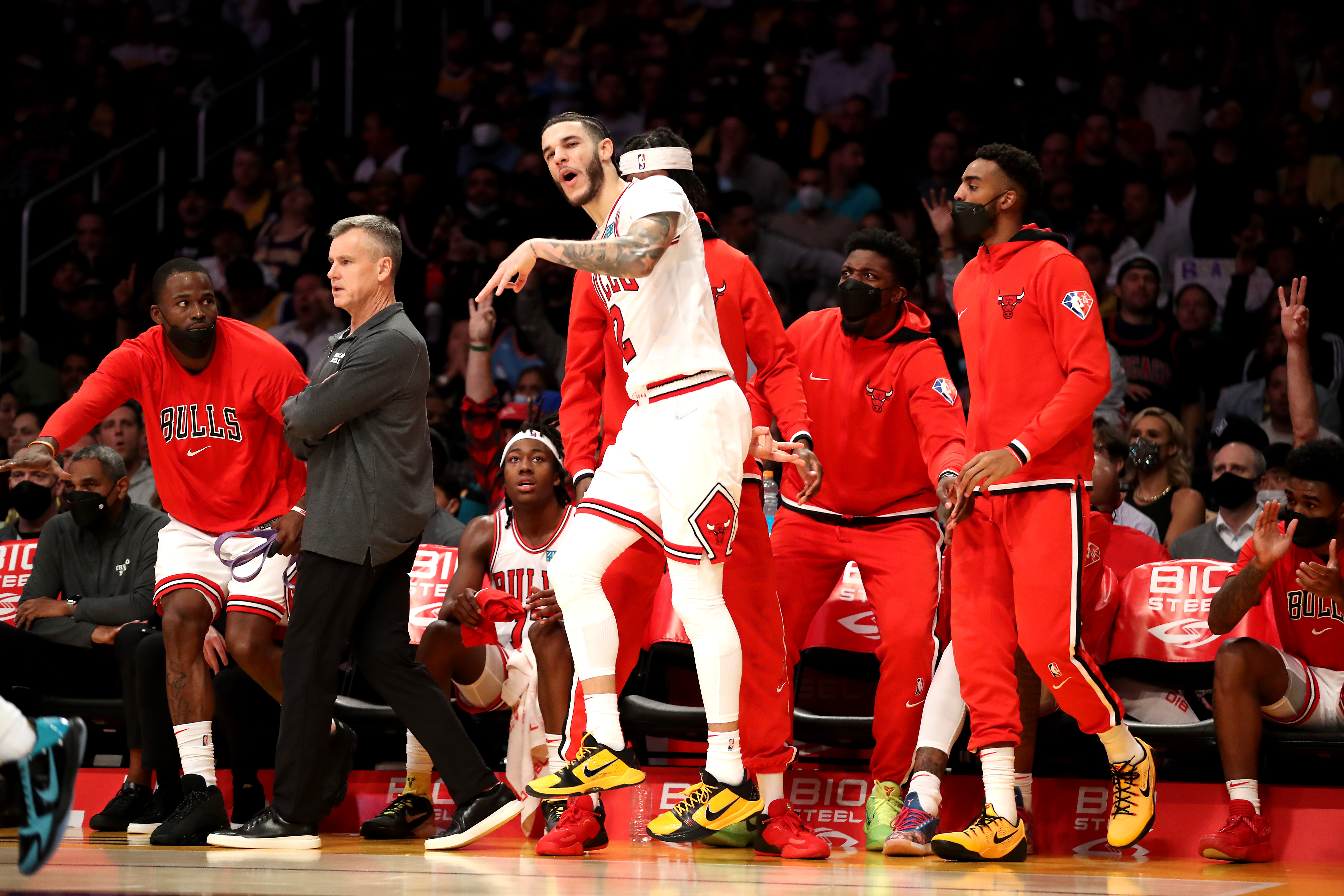 Chicago Bulls guard Lonzo Ball celebrates after making a three-pointer during a game against the Los Angeles Lakers