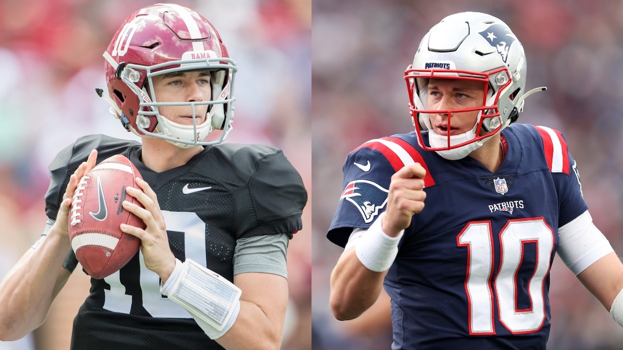 (L-R) Quarterback Mac Jones of the Alabama Crimson Tide at Bryant-Denny Stadium on April 22, 2017 in Tuscaloosa, Alabama; Mac Jones #10 of the New England Patriots celebrates the touchdown by Rhamondre Stevenson #38 against the Cleveland Browns during the third quarter at Gillette Stadium on November 14, 2021 in Foxborough, Massachusetts.