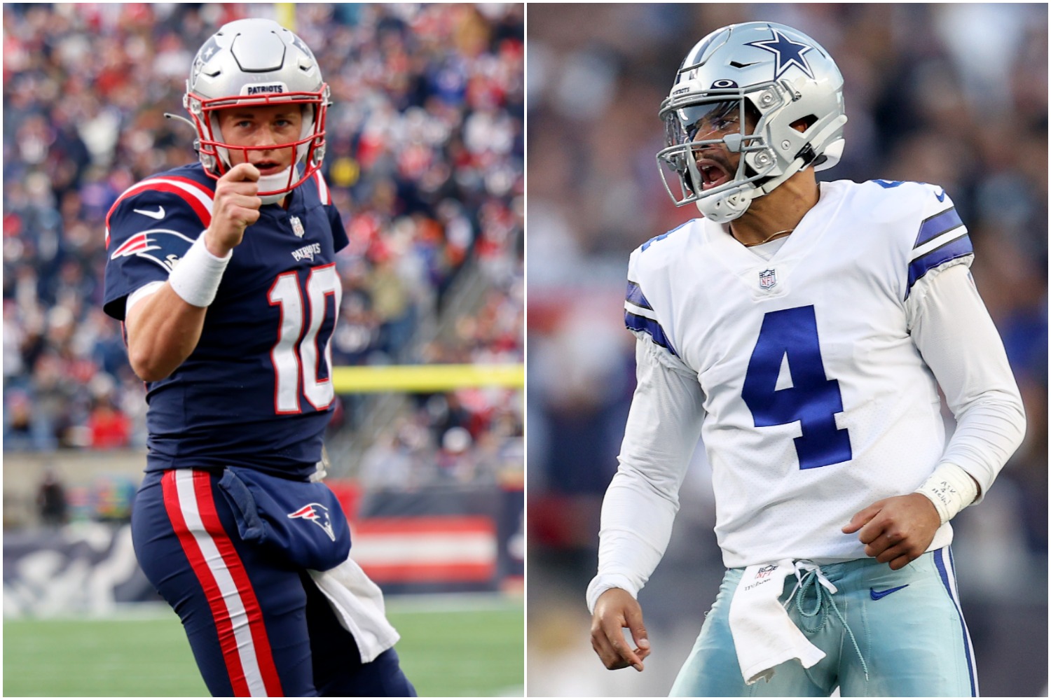 New England Patriots QB Mac Jones celebrates scoring a touchdown while Dallas Cowboys QB Dak Prescott does the same.