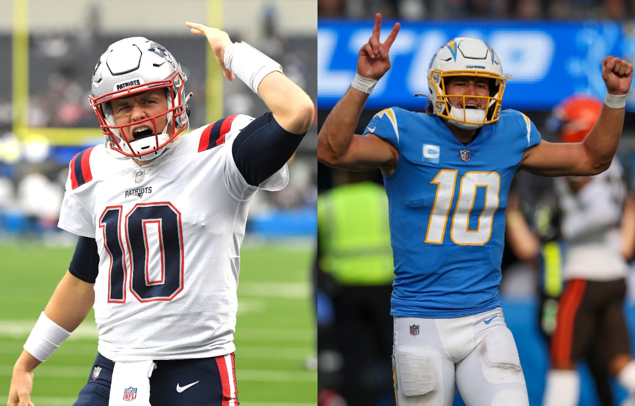 New England Patriots quarterback Mac Jones (L) and Los Angeles Chargers quarterback Justin Herbert in 2021.