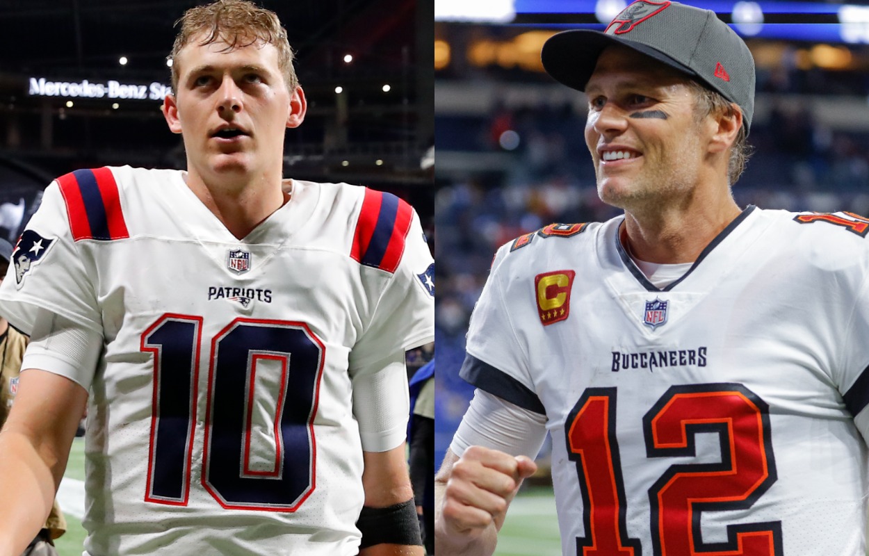 New England Patriots rookie quarterback Mac Jones (L) and Tampa Bay Buccaneers quarterback Tom Brady in 2021.