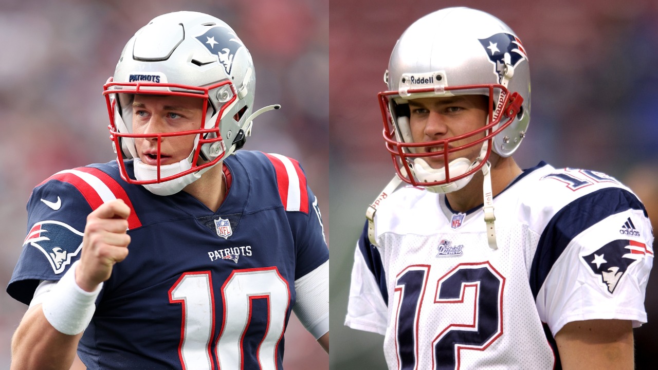 Patriots QB Mac Jones in action; Tom Brady in pregame warmups