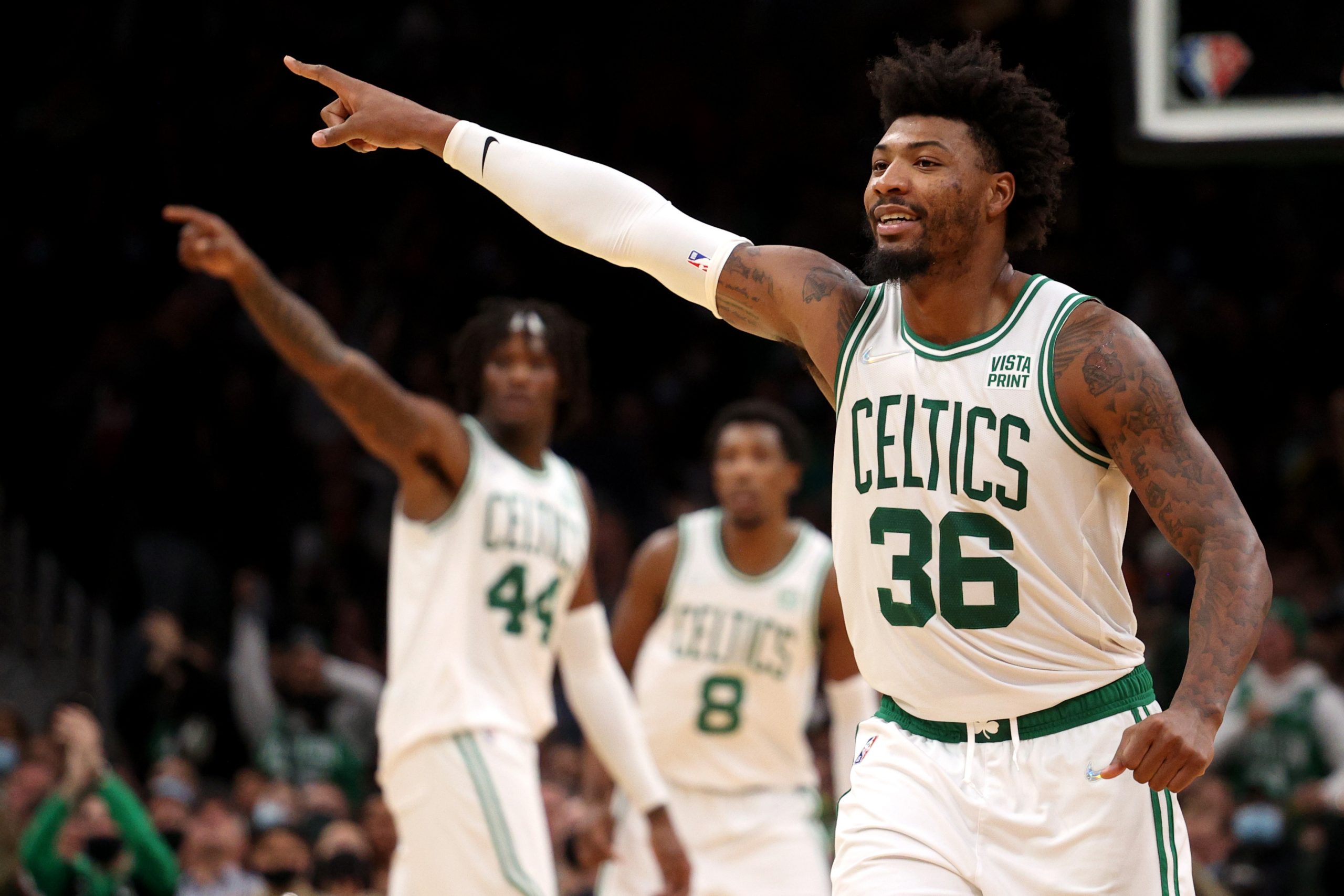 Marcus Smart of the Boston Celtics celebrates during the second half of the game against the Toronto Raptors.