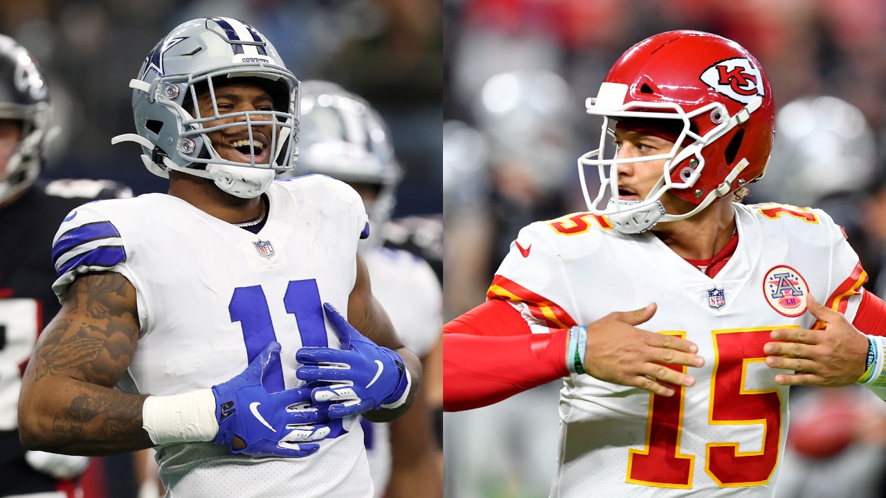 Cowboys LB Micah Parsons celebrates a big play; Chiefs QB Patrick Mahomes reacts after a touchdown
