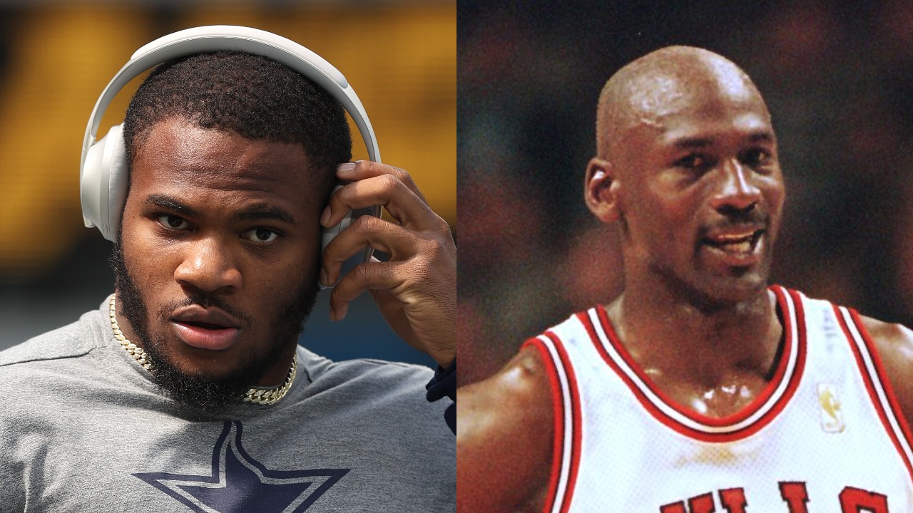 Cowboys linebacker Micah Parsons listens to music before a game; Bulls guard Michael Jordan in action
