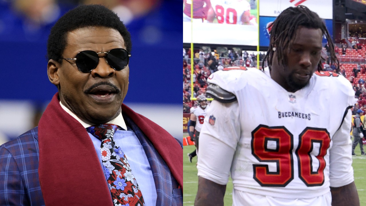 Michael Irvin on the field before a game | Buccaneers DE Jason Pierre-Paul leaves the field
