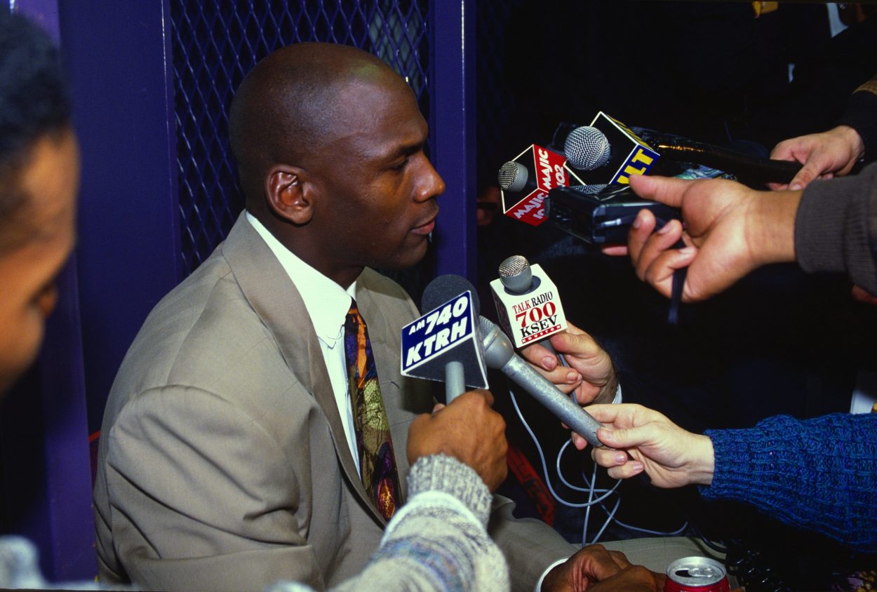 Chicago Bulls star Michael Jordan answers questions from the media during the 1992 NBA Finals