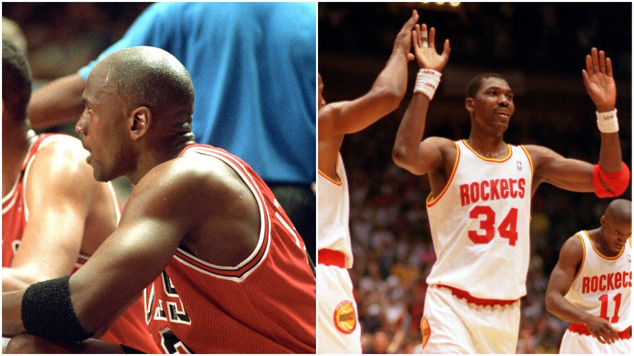 L-R: Chicago Bulls legend Michael Jordan looks on during the 1993 Eastern Conference Finals and Hakeem Olajuwon celebrates during Game 6 of the 1994 NBA Finals