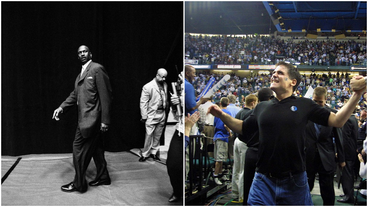 L-R: Michael Jordan at the arena ahead of his final home game in 2003 and Dallas Mavericks owner Mark Cuban celebrating a playoff win in 2001