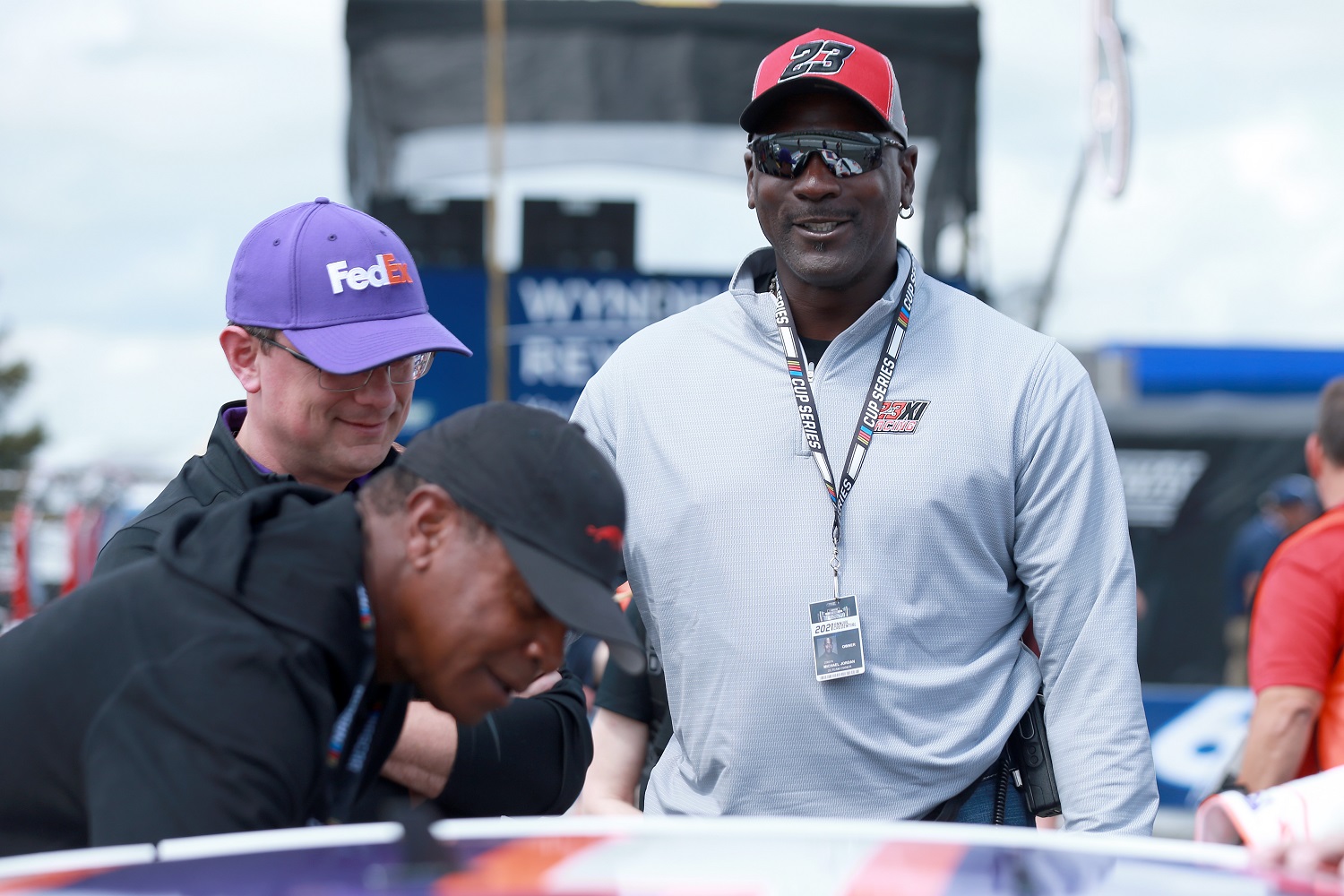 NBA Hall of Famer Michael Jordan meets with co-owner of 23XI Racing Denny Hamlin prior to the NASCAR Cup Series Pocono Organics CBD 325 at Pocono Raceway on June 26, 2021.