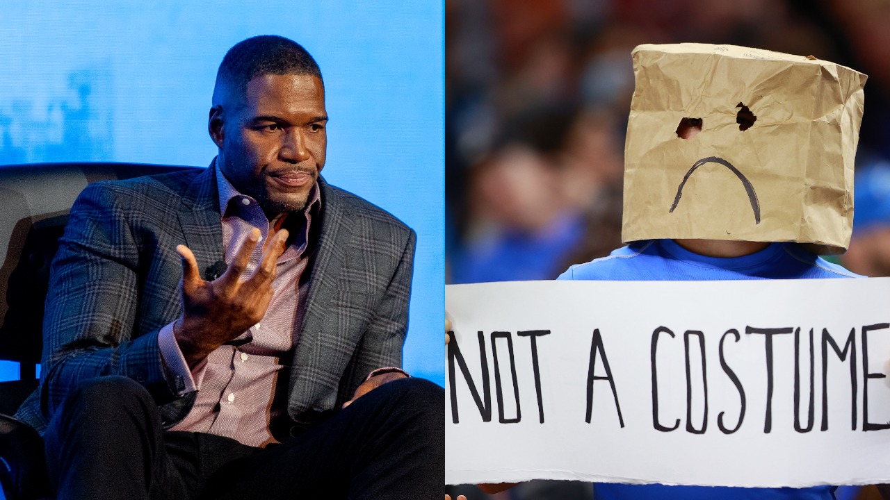Fox NFL analyst Michael Strahan talks during an interview; Lions fan looks on with a bag on his head in loss to the Eagles