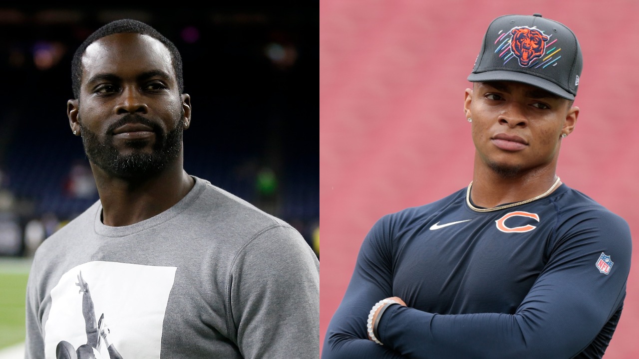 Michael Vick looks on before an NFL game; Bears QB Justin Fields on field before a game