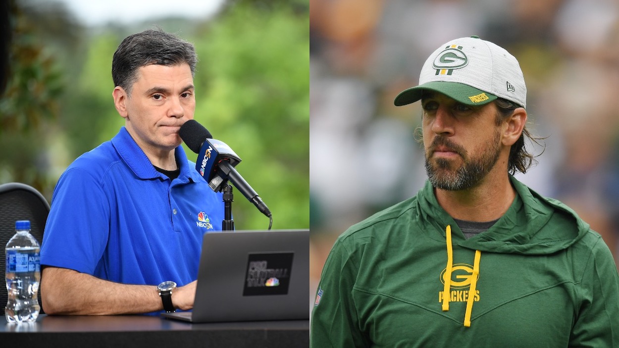 (L-R) Pro Football Talk's Mike Florio broadcasts during the 2018 NFL Annual Meetings at the Ritz Carlton Orlando, Great Lakes on March 26, 2018 in Orlando, Florida; Aaron Rodgers of the Green Bay Packers looks on before a preseason game against the New York Jets at Lambeau Field on August 21, 2021 in Green Bay, Wisconsin.