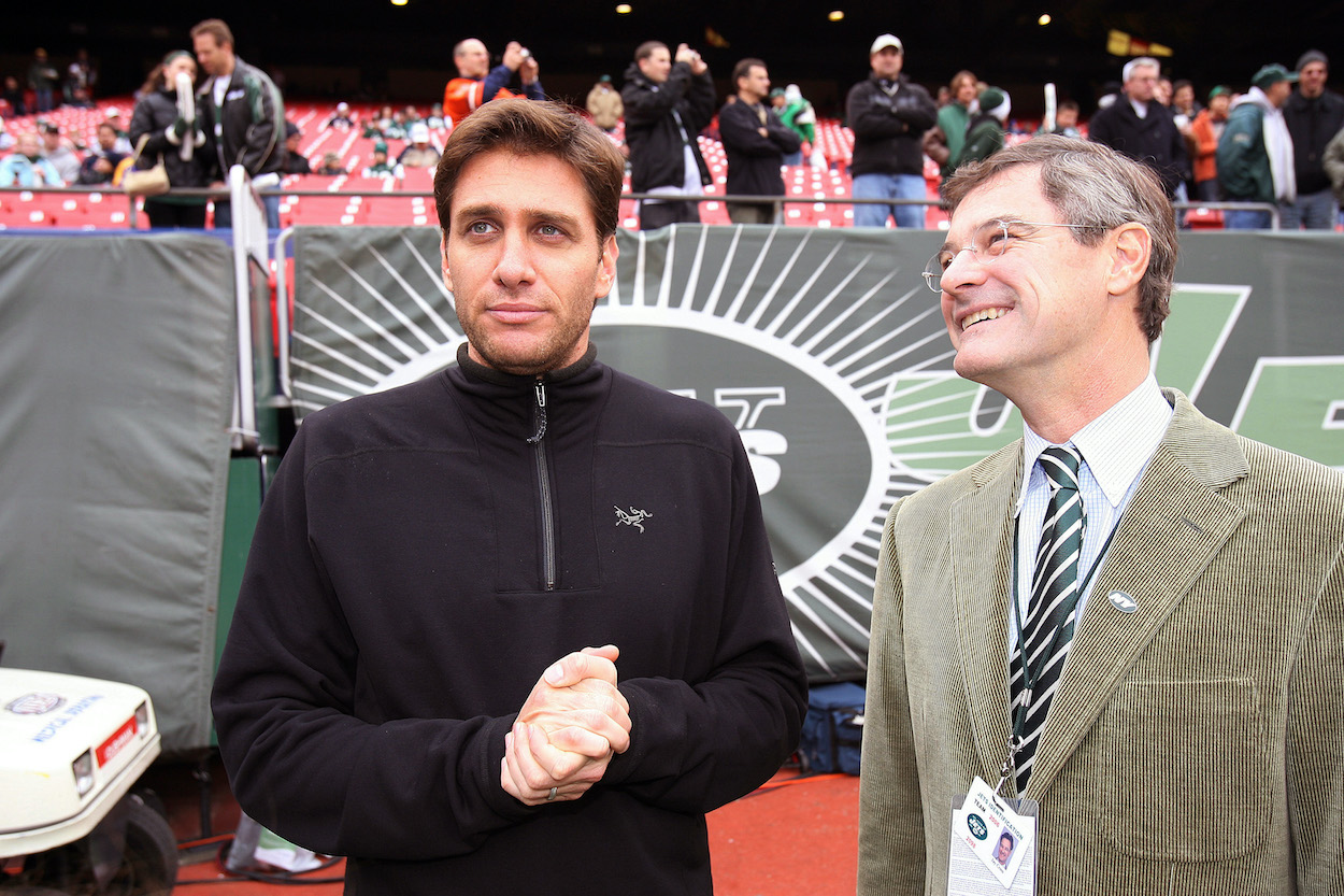 ESNP's Mike Greenberg speaks with New York Jets President Jay Cross when he attends the New York Jets vs Chicago Bears game at The Meadowlands (aka Giants Stadium) on November 19, 2006 in East Rutherford, New Jersey.