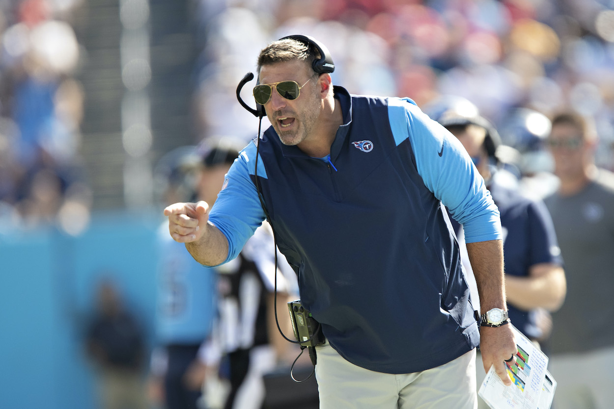 Head Coach Mike Vrabel of the Tennessee Titans on the sidelines during a game against the Kansas City Chiefs at Nissan Stadium on October 24, 2021 in Nashville, Tennessee. The Titans defeated the Chiefs 27-3.