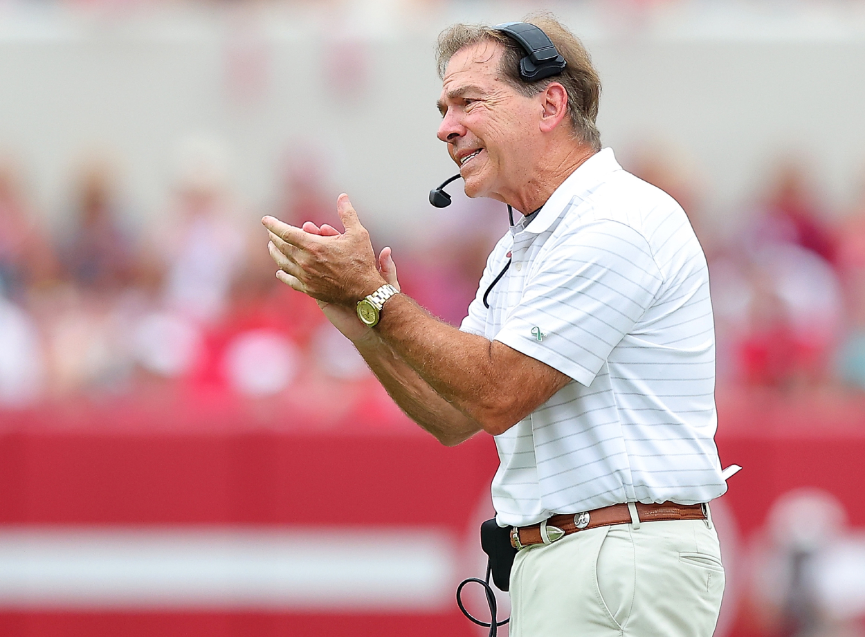 Alabama Crimson Tide head football coach Nick Saban, whose team recently fell in the CFP rankings.