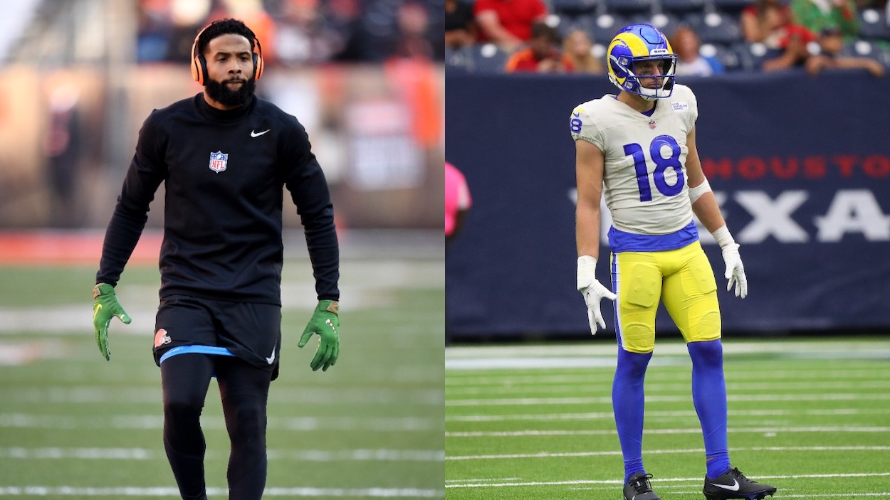 (L-R) Odell Beckham Jr. of the Cleveland Browns warms up prior to the game against the Baltimore Ravens at FirstEnergy Stadium on December 22, 2019 in Cleveland, Ohio; Ben Skowronek of the LA Rams, who will replace Robert Woods, seen against the Houston Texans at NRG Stadium on October 31, 2021 in Houston, Texas.