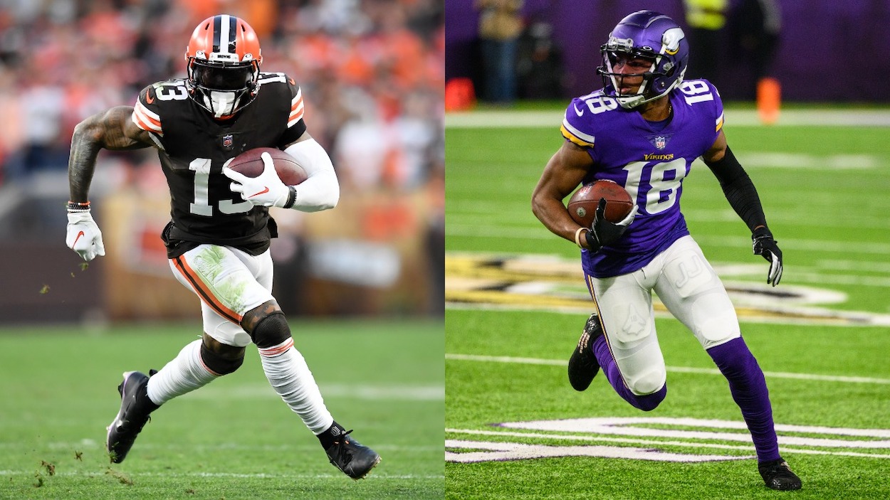 (L-R) Odell Beckham Jr. of the Cleveland Browns rushes the ball during the fourth quarter against the Arizona Cardinals at FirstEnergy Stadium on October 17, 2021 in Cleveland, Ohio; Justin Jefferson of the Minnesota Vikings runs with the ball in the first quarter the game against the Dallas Cowboys at U.S. Bank Stadium on October 31, 2021 in Minneapolis, Minnesota.