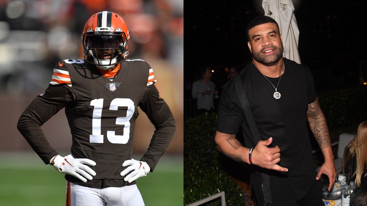 (L-R) Odell Beckham Jr. of the Cleveland Browns looks on during warm ups prior to the game against the Arizona Cardinals at FirstEnergy Stadium on October 17, 2021 in Cleveland, Ohio; Shawne Merriman attends Sports Illustrated The Party Brought To You By The Undisputed Group And ABG Entertainment With DaBaby, Black Eyed Peas, And Marshmello at Fontainebleau Hotel on February 01, 2020 in Miami Beach, Florida.