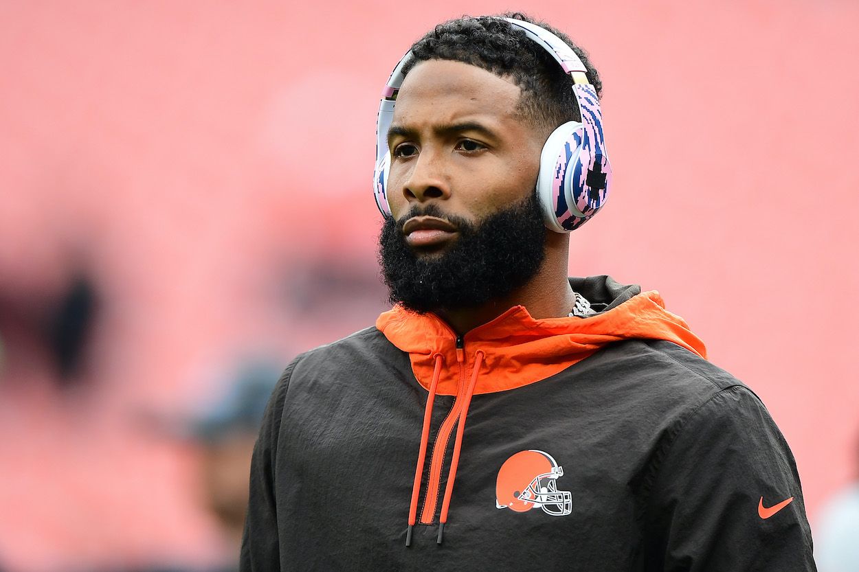 Odell Beckham Jr. of the Cleveland Browns, who got called out Sunday by Boomer Esiason, looks on during warm ups prior to the game against the Arizona Cardinals at FirstEnergy Stadium on October 17, 2021 in Cleveland, Ohio.