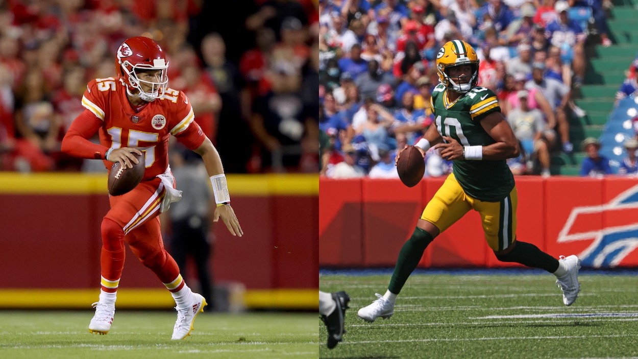 (L-R) Kansas City Chiefs QB Patrick Mahomes and Green Bay Packers QB Jordan Love who will surprisingly face-off in an NFL Week 9 matchup with Aaron Rodgers out.