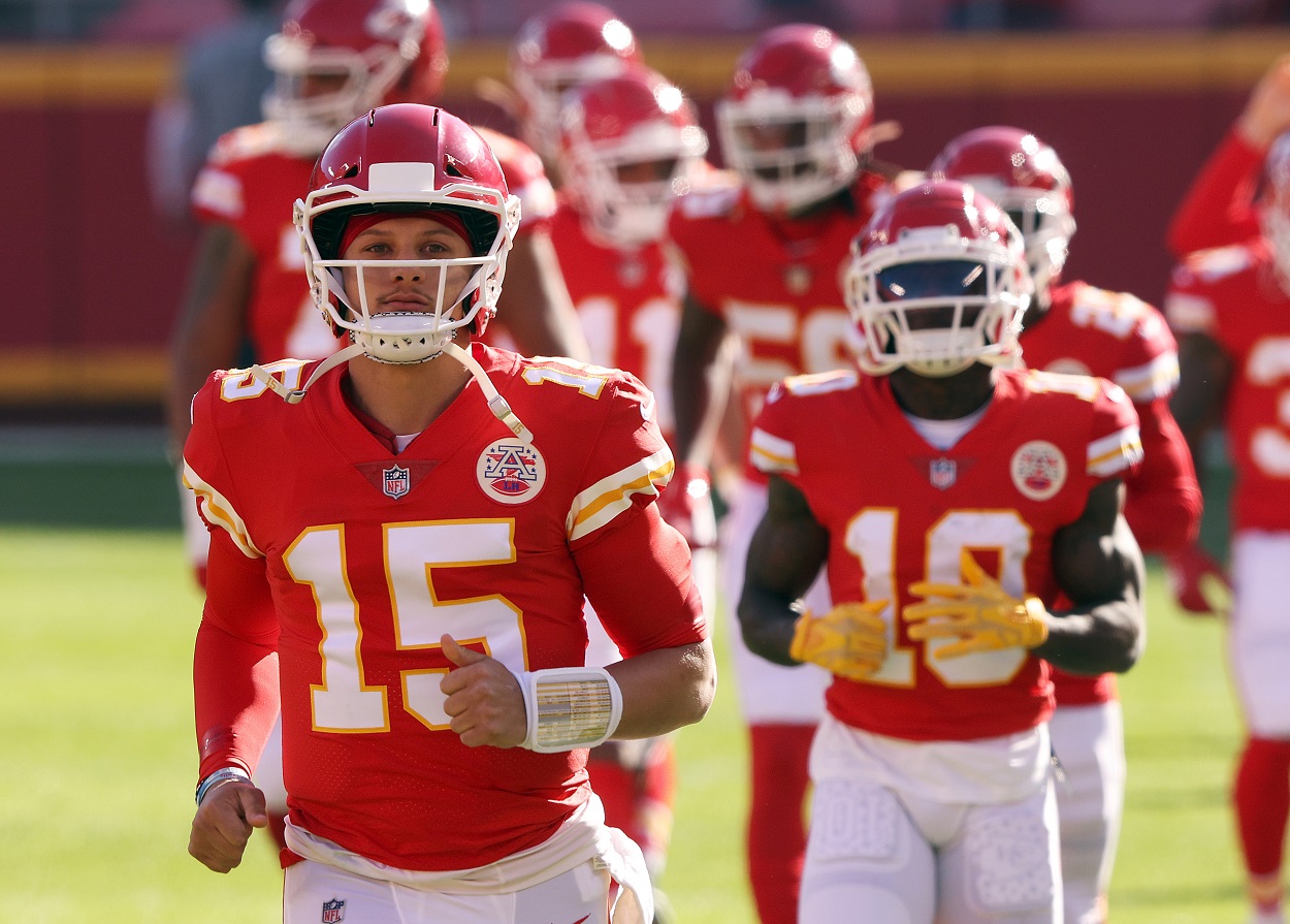 Patrick Mahomes runs out on the field for the Kansas City Chiefs 