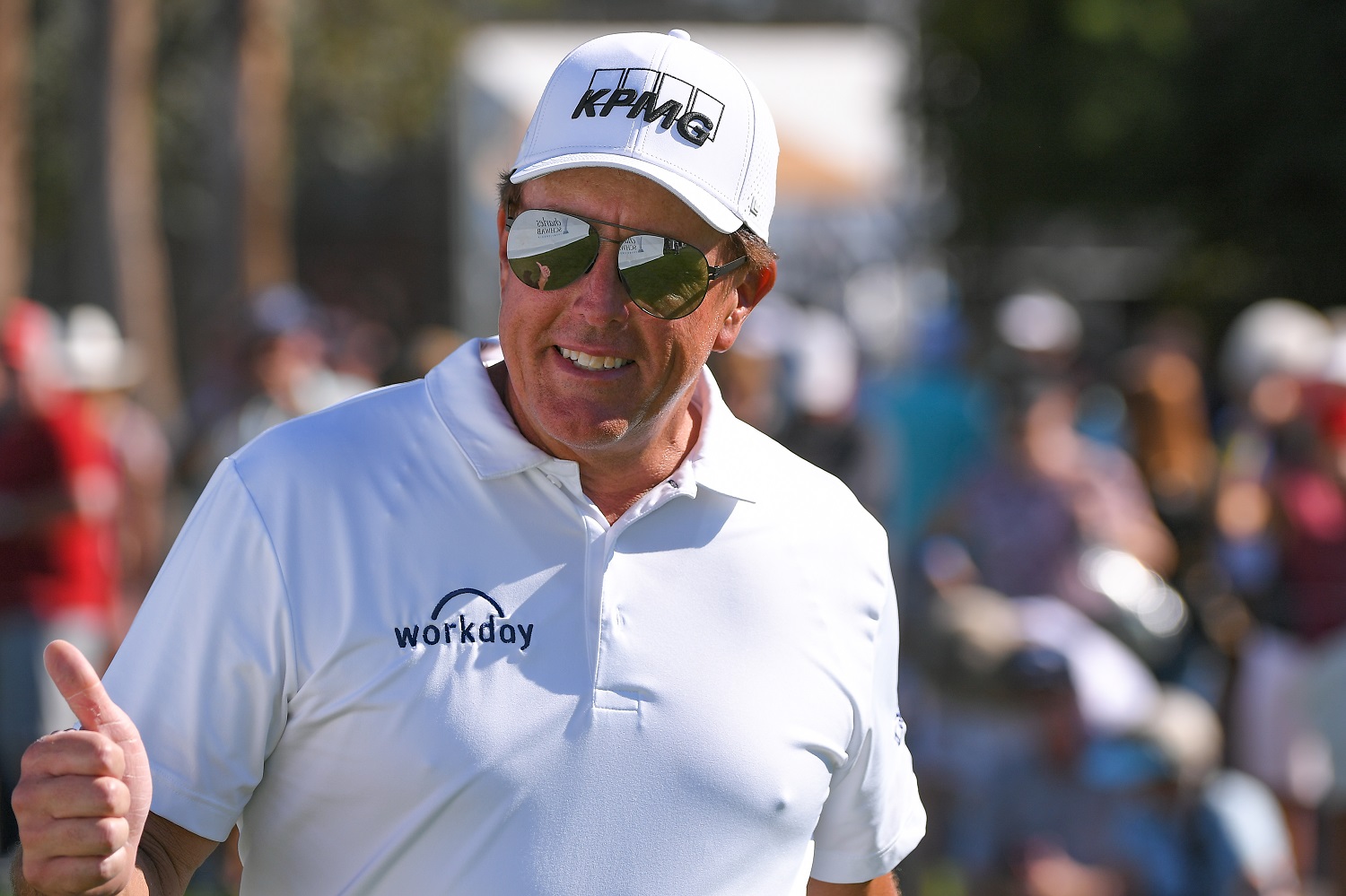 Phil Mickelson gives thumbs up while walking to the first tee box during the third round of the PGA Tour Champions Charles Schwab Cup Championship at Phoenix Country Club on Nov. 13, 2021. | Ben Jared/PGA Tour via Getty Images