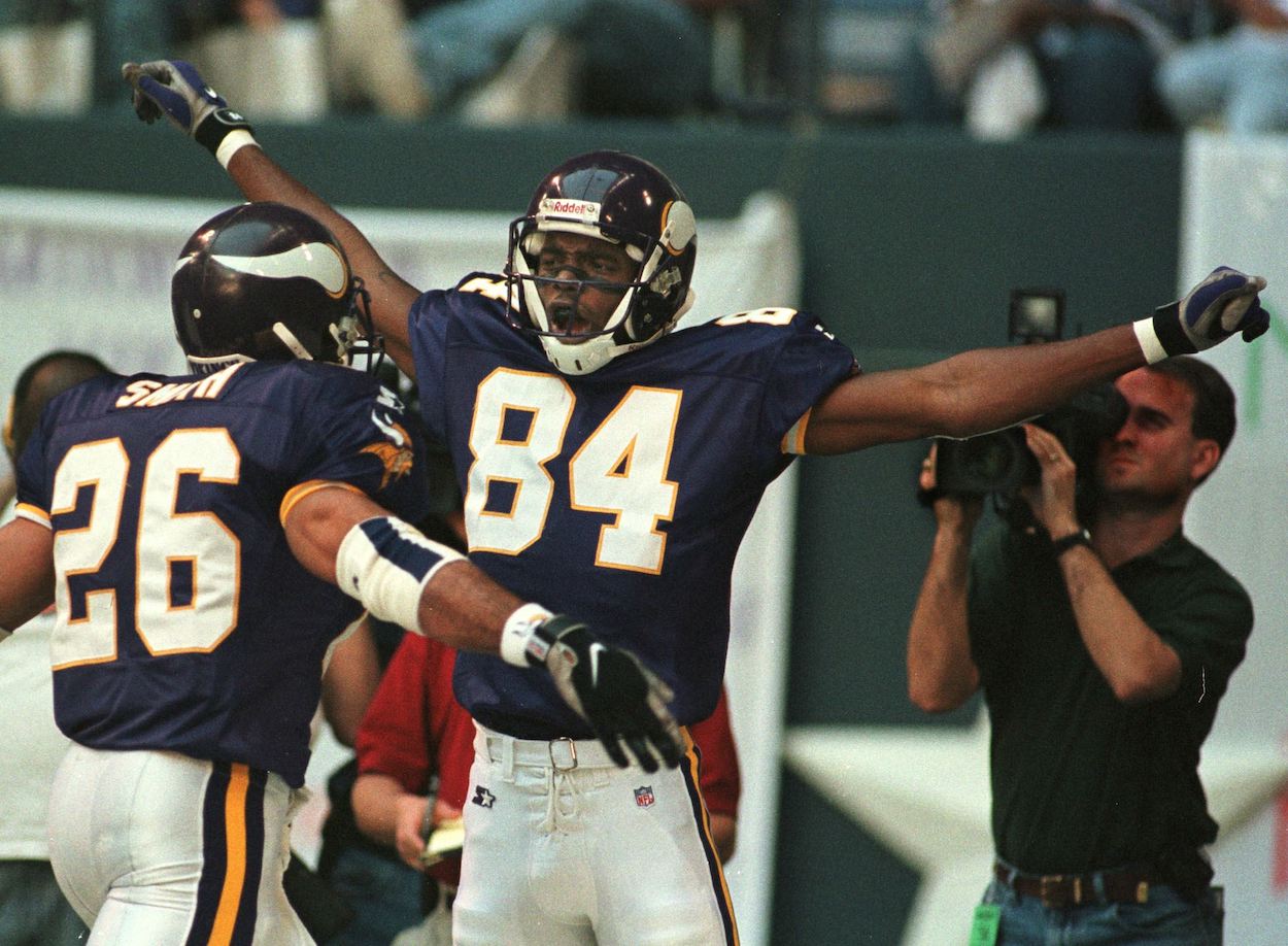 Minnesota Vikings receiver Randy Moss celebrates his 51 yard touchdown reception on the fourth play of the Thanksgiving Day game versus the Dallas Cowboys at Texas Stadium in Irving, TX, 26 November. He won the John Madden Turkey Leg Award for his performance.