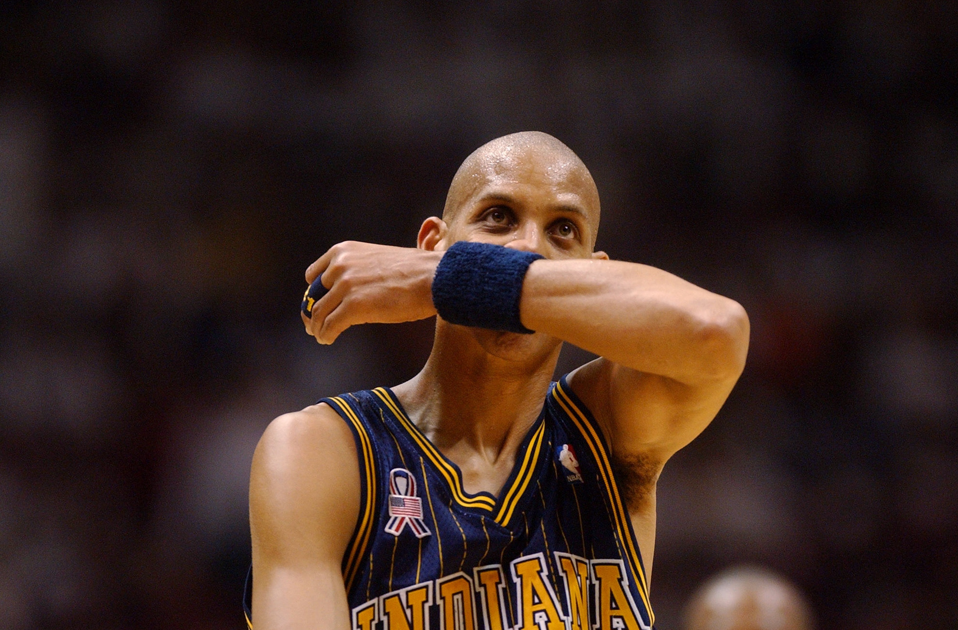 Indiana Pacers great Reggie Miller looks on during the 2002 NBA Playoffs