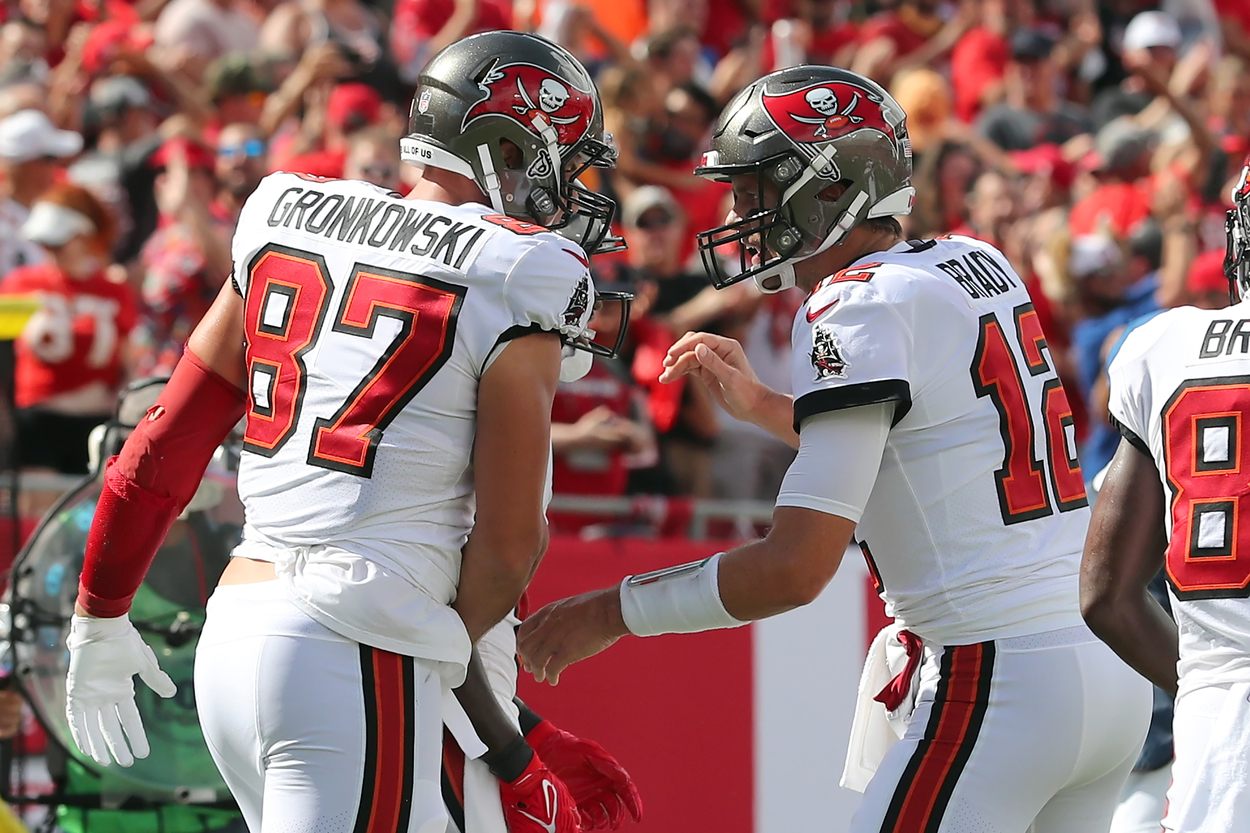 Tampa Bay Buccaneers teammates Rob Gronkowski (L) and Tom Brady in 2019.