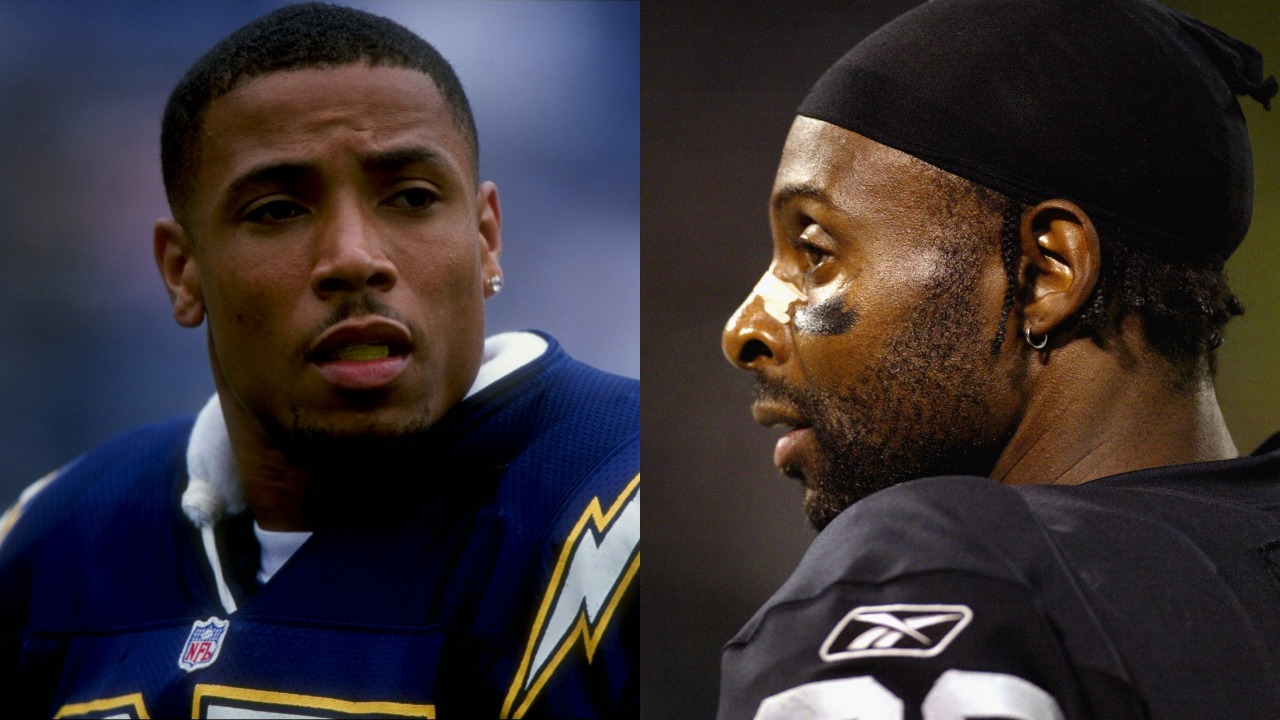 Former NFL safety Rodney Harrison in action; Ex-Raiders wideout Jerry Rice reacts during a game