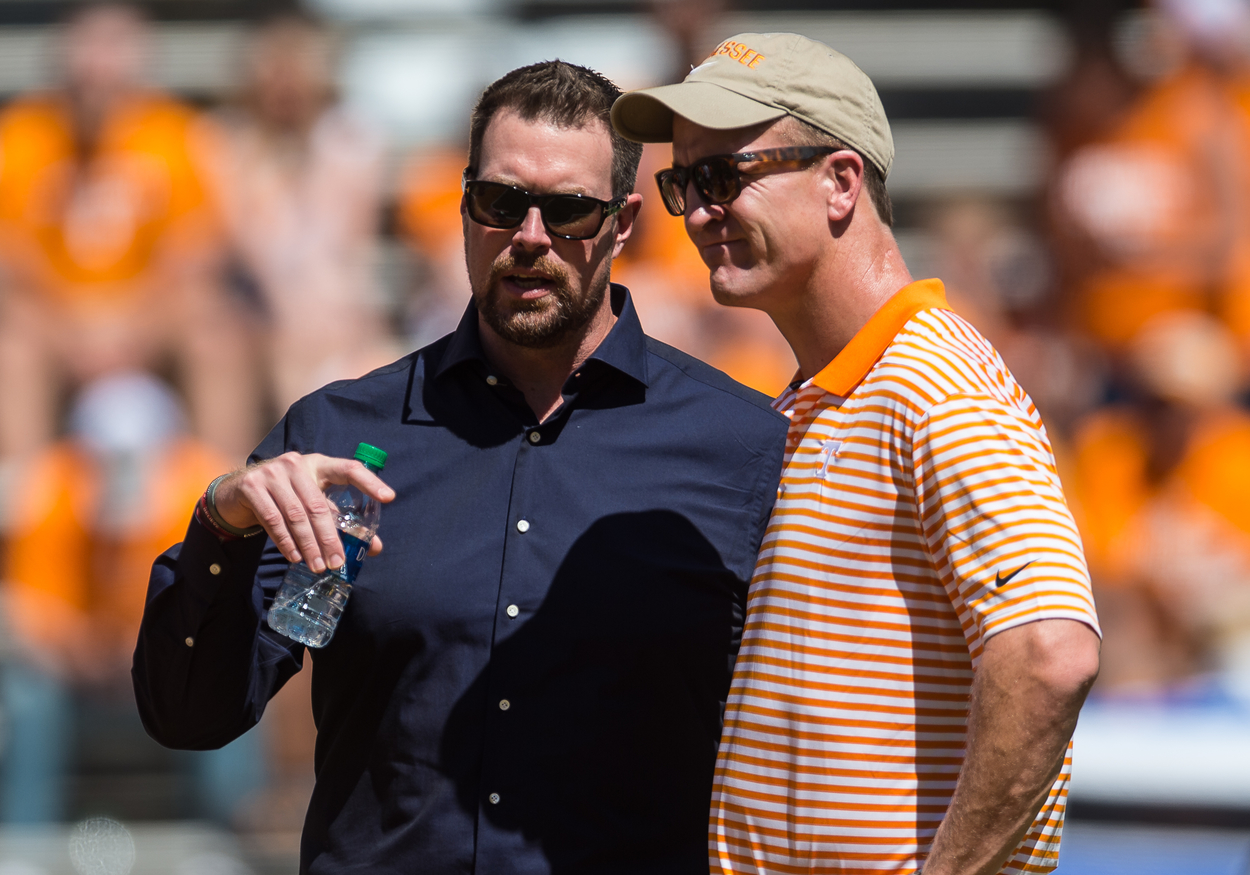 Former NFL quarterbacks Peyton Manning and Ryan Leaf in 2019.