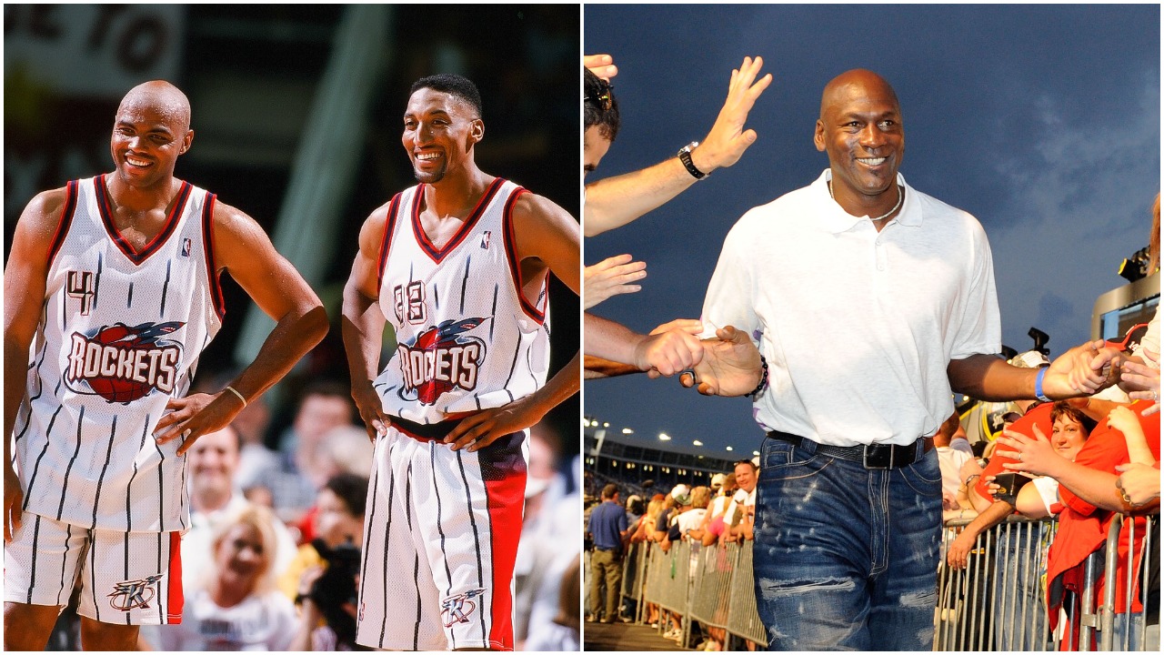 L-R: Former Houston Rockets teammates Charles Barkley and Scottie Pippen share a laugh during a game in 1999; Former Chicago Bulls great Michael Jordan high-fives fans at a NASCAR race