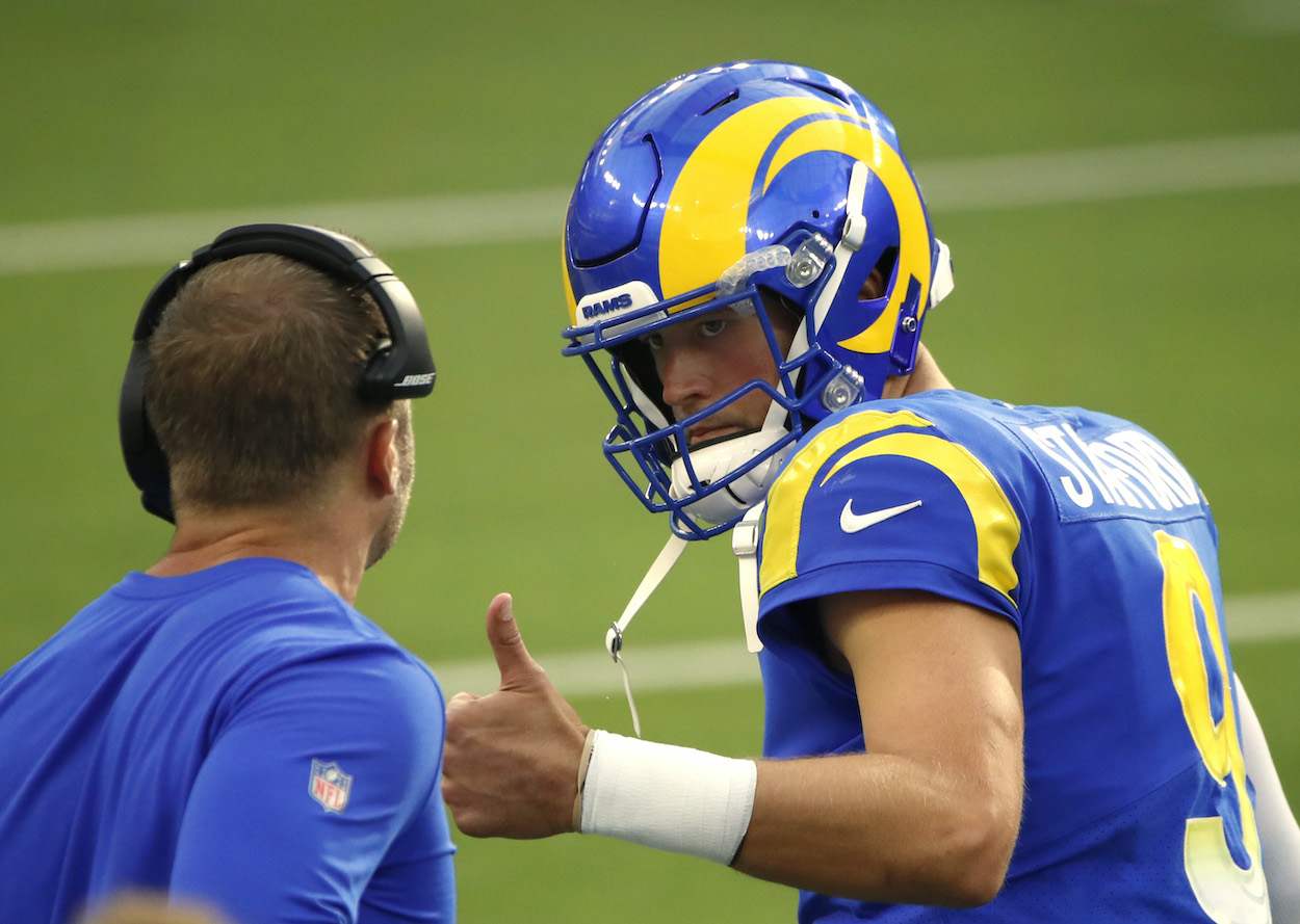 Matthew Stafford of the LA Rams gives a thumbs up to head coach Sean McVay during the second half in the game against the Detroit Lions at SoFi Stadium on October 24, 2021 in Inglewood, California.