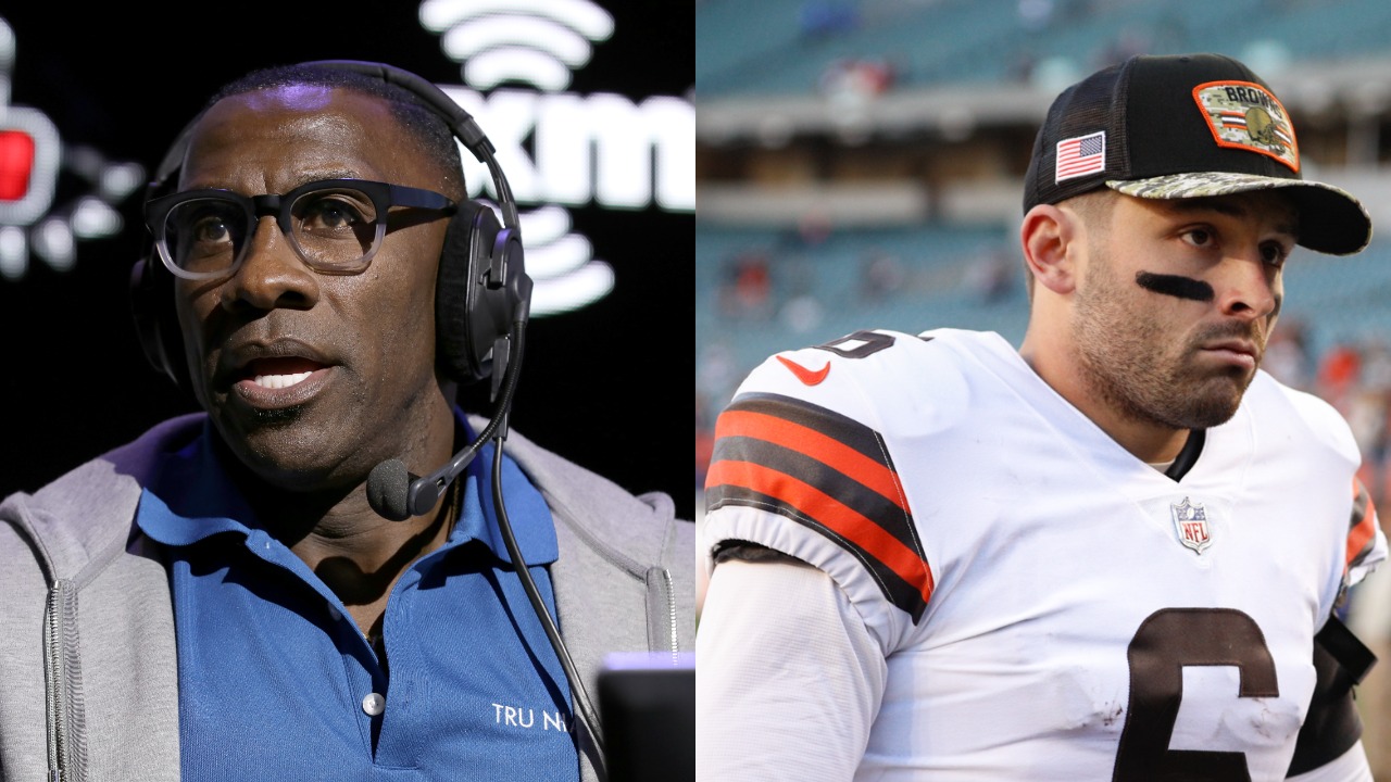 Fox Sports analyst Shannon Sharpe speaks during Super Bowl Week; Browns QB Baker Mayfield leaves field after a game