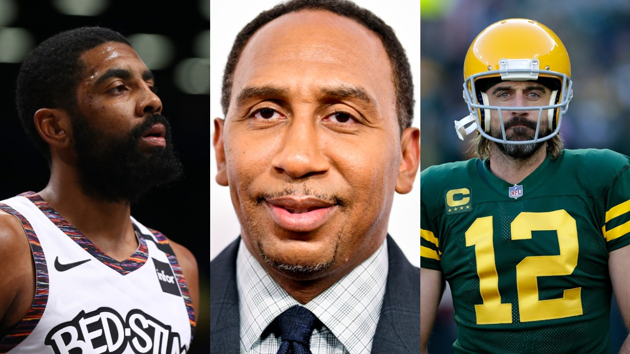 Nets star Kyrie Irving, ESPN commentator Stephen A. Smith, and Packers quarterback Aaron Rodgers.