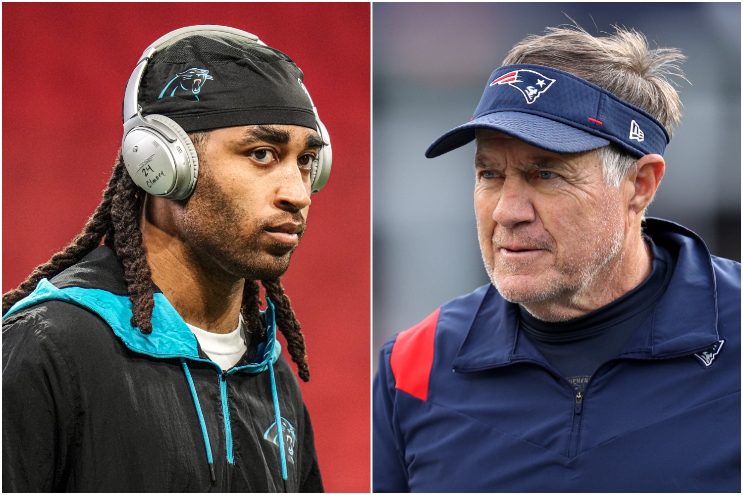 Carolina Panthers CB Stephon Gilmore wears his headphones while warming up as New England Patriots head coach Bill Belichick looks on after a win against the New York Jets.