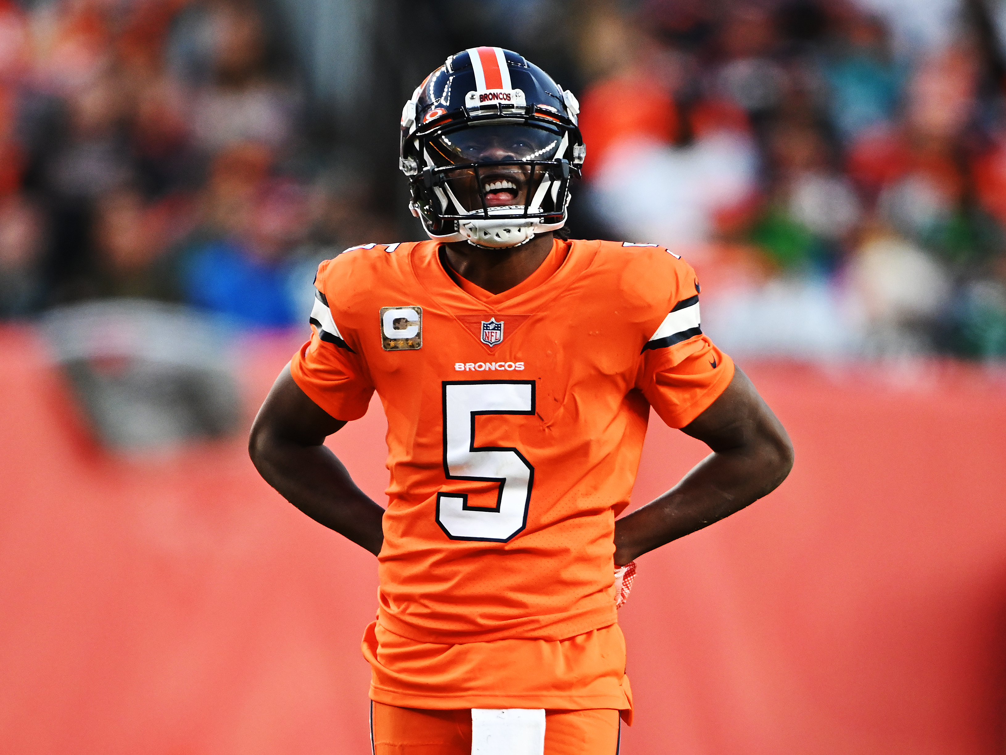 Broncos QB Teddy Bridgewater reacts during game against the Eagles