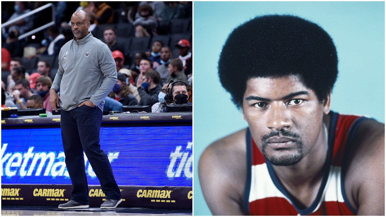 L-R: Washington Wizards head coach Wes Unseld Jr. looks on during a game against the Atlanta Hawks and Wes Unseld Sr. poses for a portrait in the 1970s